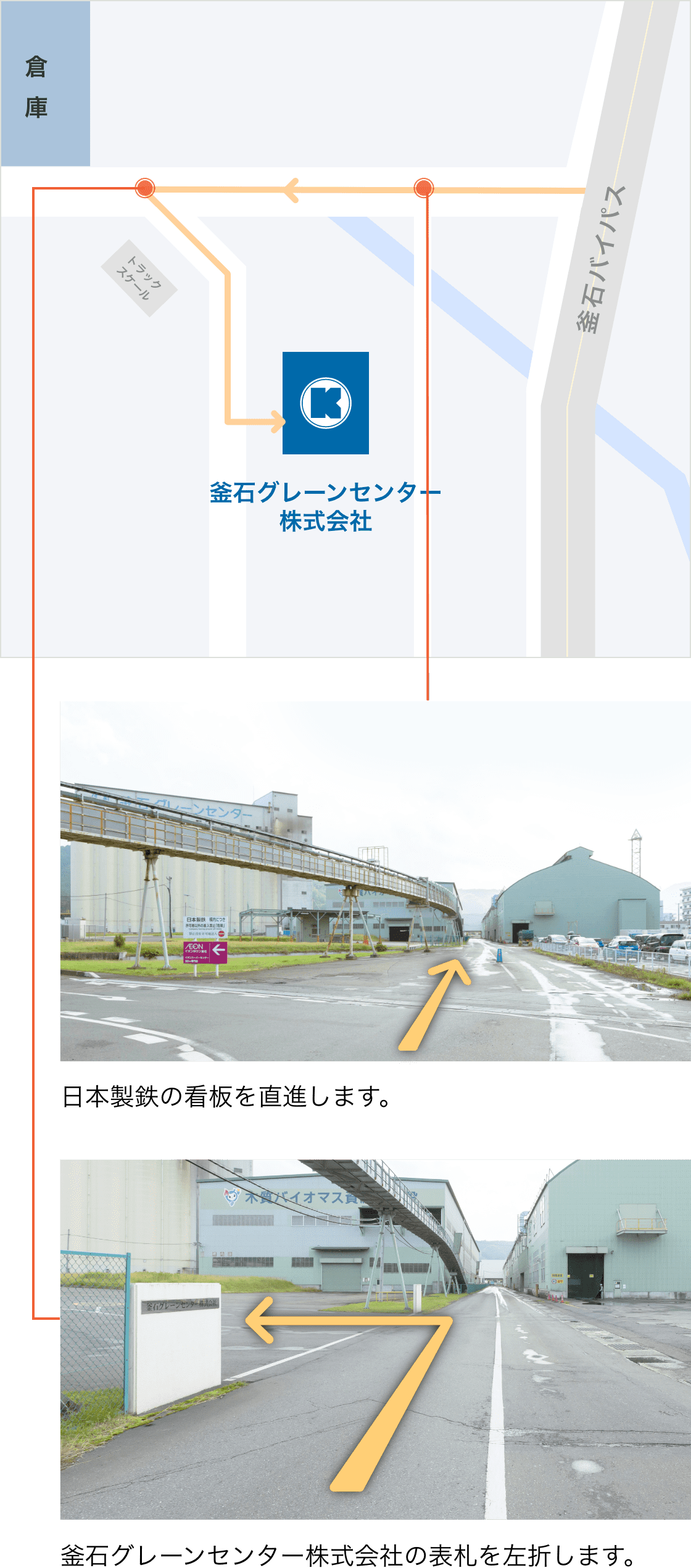 日本製鉄の看板を直進します。次に釜石グレーンセンター株式会社の表札を左折します。